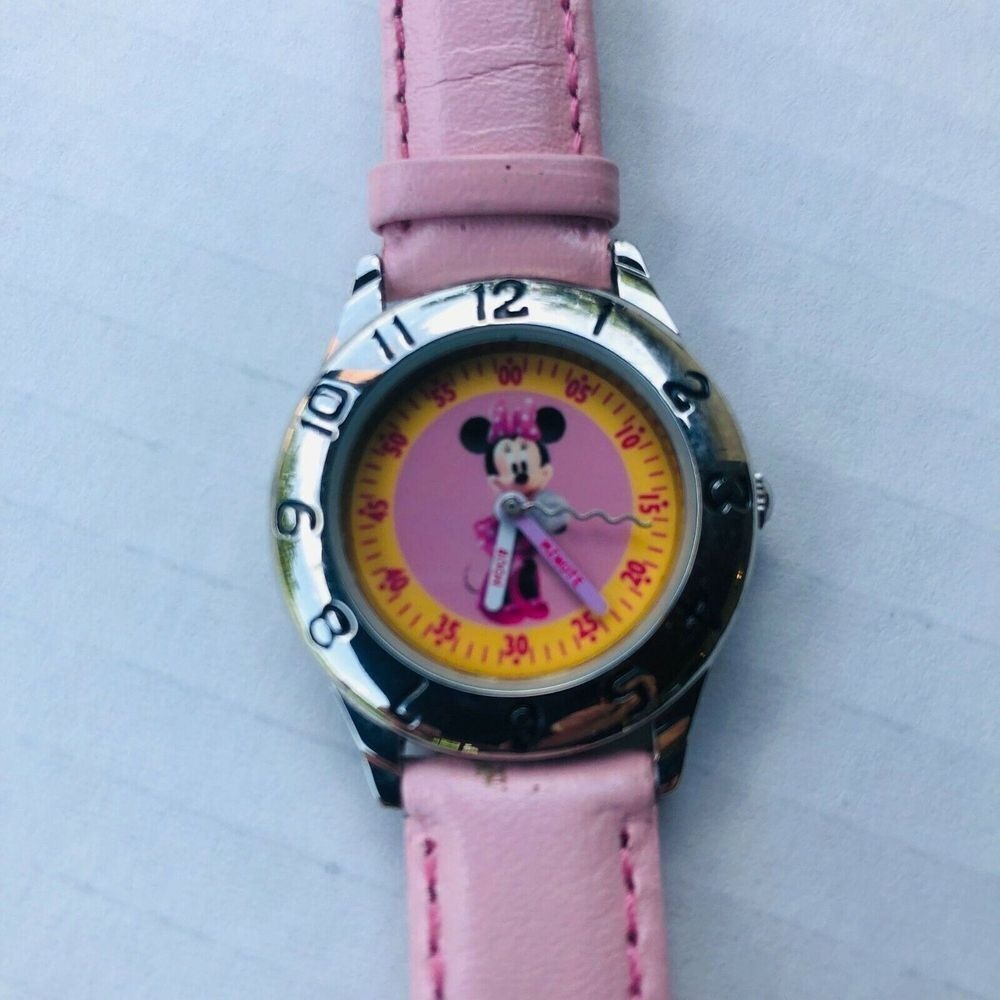 Disney Minnie Mouse Watch‎ Girl Pink Genuine Leather Analog Japan Movt.